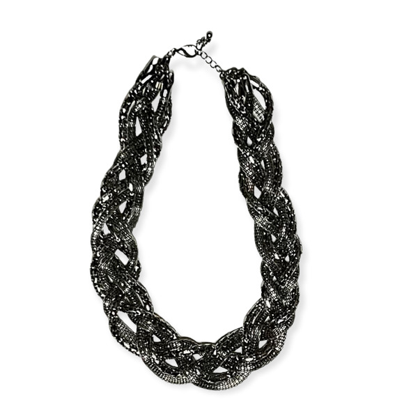 Strand Jewelry - Multi Strand Shiny Braided Chunky Tube Silvertone Metal Chain Necklace